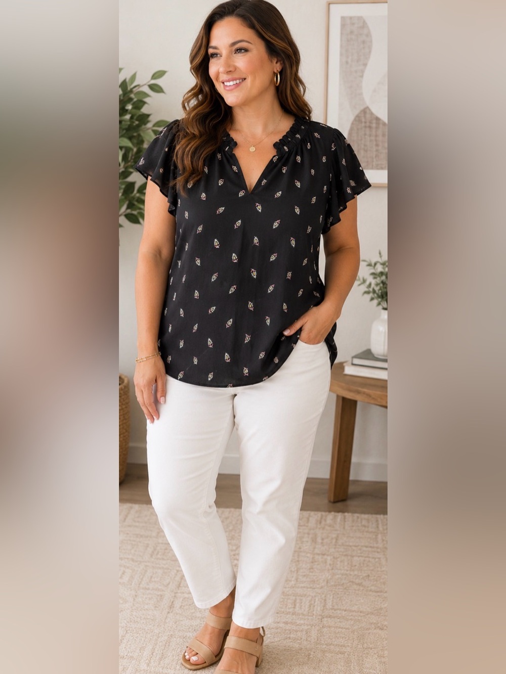 Maurices Black Flutter Sleeve V-Neck Blouse with Petite Print